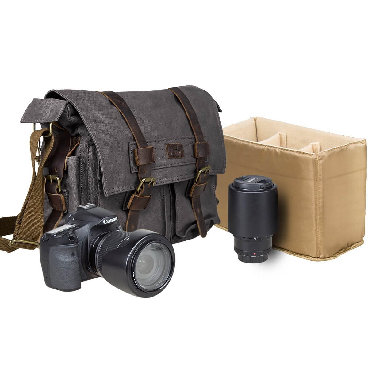 S-ZONE Vintage Canvas Genuine Leather Trim DSLR SLR Camera Shoulder Messenger Bag