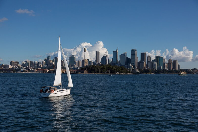 Downtown Sydney from the Manly Ferry, with sailboat